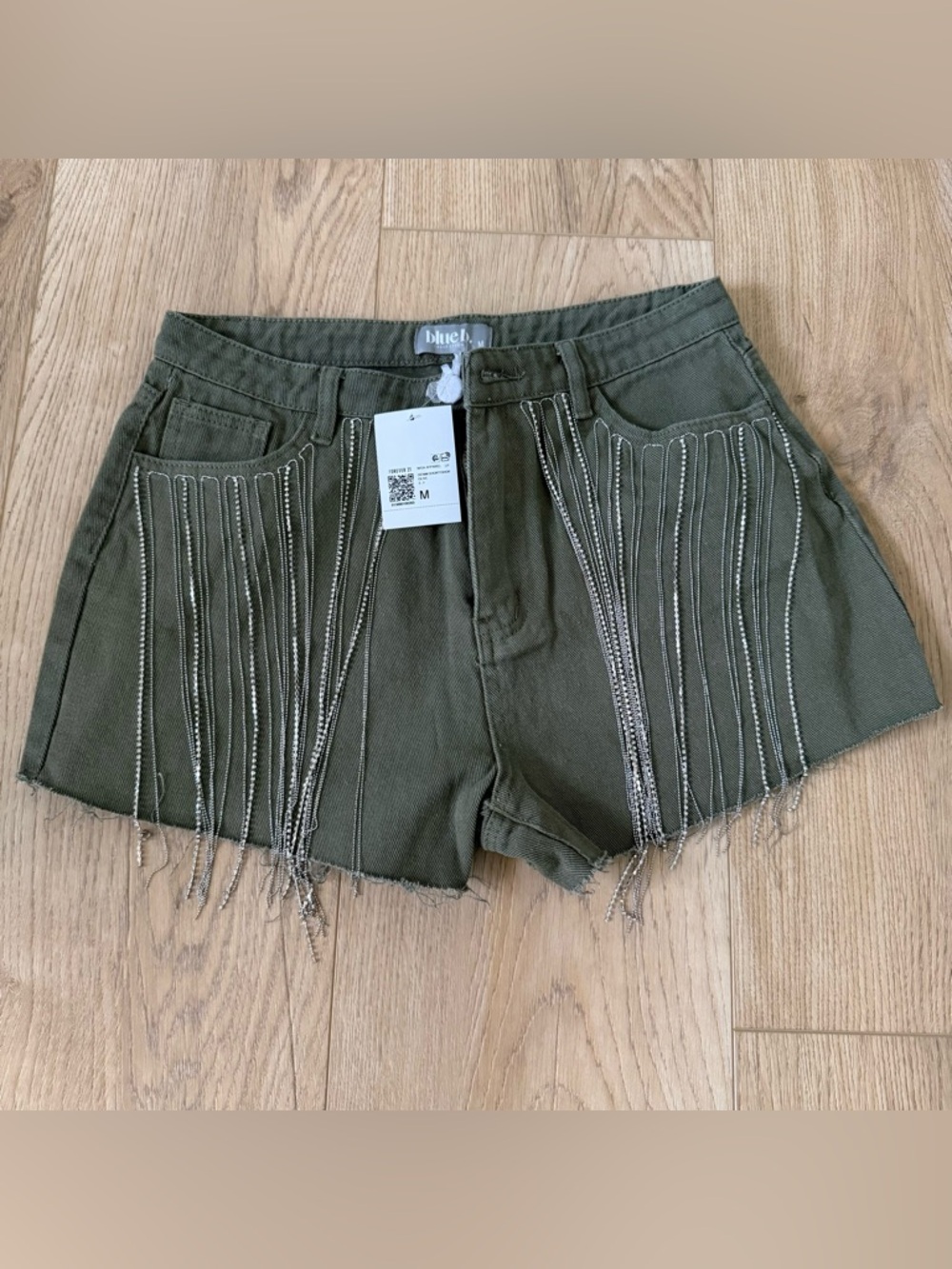 Forever 21 Olive Green Denim Shorts with Silver Fringe